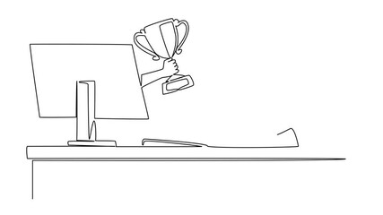 Poster - Self drawing animation of single continuous line drawing hands out of monitor screen while holding trophy. Inauguration as successful businessman in Arabia. Things from Screen. Full length animated