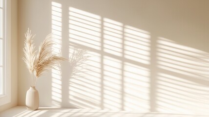Poster - Natural light creating an abstract pattern of shadows from a window on a and wall beige floor, perfect for background and design projects