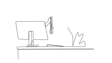 Poster - Animated self drawing of single one line drawing hands out of the monitor screen while holding a medal. Ambition. Creativity. Smart worker. Things from Screen. Full length single line animation