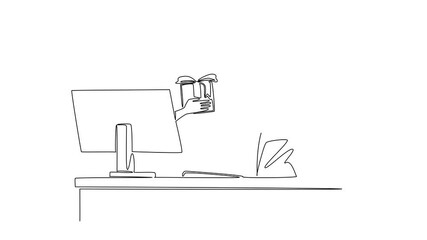 Poster - Self drawing animation of single continuous line drawing hands out of the monitor screen while holding a gift box. Surprise from fellow reliable. Happy. Things from Screen. Full length animated