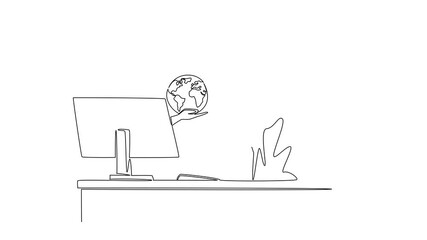 Poster - Animated self drawing of continuous one line drawing hands out of the monitor while holding a globe. Connect with big clients. Business. Network. Things from Screen. Full length single line animation
