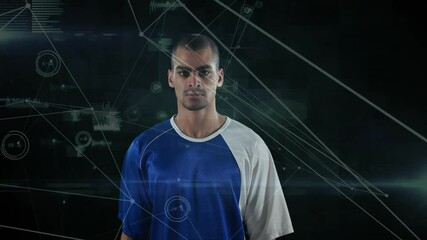 Poster - network lines pulsing around athlete entering frame, pausing and lifting gaze for tech showcase