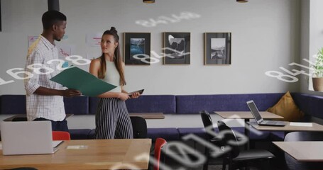 Poster - Analyst flipping folder while colleague verifying figures on phone in business with floating data