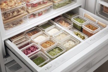 Poster - Organized 3D Freezer Drawer With Sliding Trays Holding Sorted Meals in a Bright Kitchen Layout