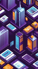 Poster - Isometric digital network cityscape showcasing modern communication architecture