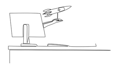 Poster - Animation of continuous one line drawing hands out of the monitor screen while holding a  rocket. The hard worker. Things from Screen. Single line self drawing animated. Full length motion