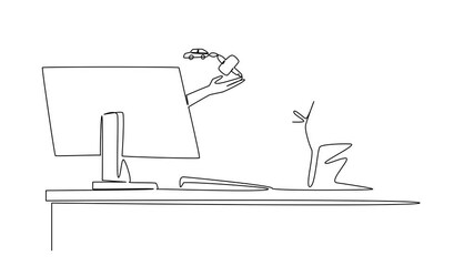 Poster - Self drawing animation of single continuous line drawing hands out of monitor screen while holding car key with a car shaped keychain. The smart worker. Things from Screen. Full length animated
