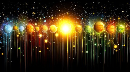 Poster -  Cosmic alignment event of planets outer space digital art vibrant background aerial view celestial harmony for seo
