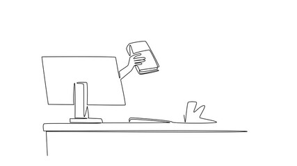 Poster - Animation of single one line drawing hands out of the monitor while holding a thick book. Career journey book. Success. Things from Screen. Continuous line self drawing animated. Full length motion
