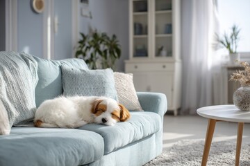 Aufkleber - Cozy Living Room With a Pet Resting on the Couch in a Bright and Inviting Atmosphere With Soft Tones