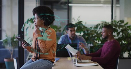 Poster - woman tapping tablet launching holographic interface in business meeting with men reviewing report