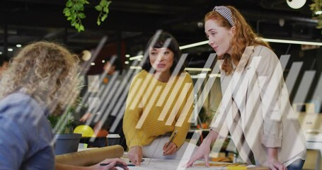 Poster - Woman in mustard sweater pointing at blueprint in design review asking feedback while peer typing