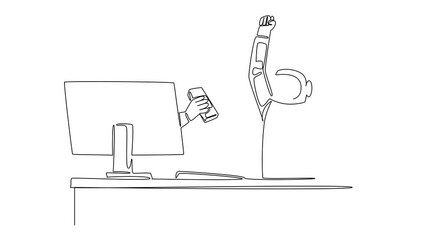 Poster - Animated self drawing of one line drawing hand of astronaut out of the monitor screen while holding a stack of banknotes. Potential success. Things from Screen. Full length single line animation