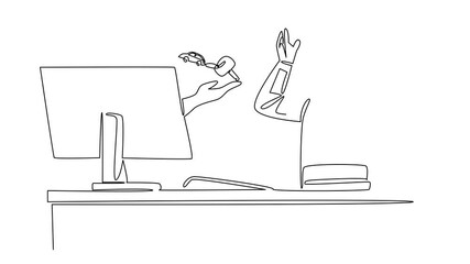 Poster - Self drawing animation of single continuous line drawing hand of astronaut out of the monitor screen while holding a car key with a car shaped keychain. Things from Screen. Full length animated