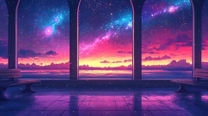 Poster - Stunning sunset over ocean view from an arched pavilion serene landscape digital art tranquil environment
