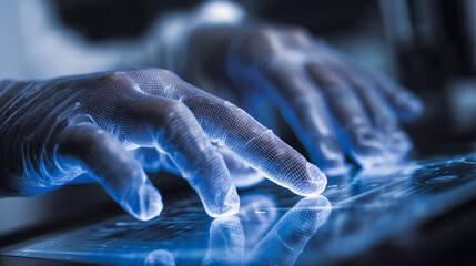 Poster - Close up of blue illuminated hands interacting with a reflective surface in a dark environment