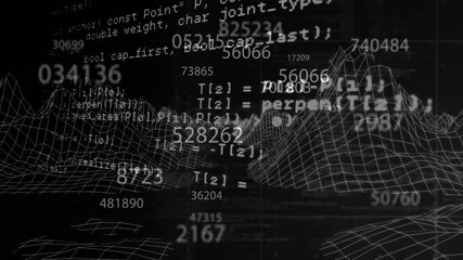 Poster - Initiating dark wireframe grid, overlaying code and data clusters, zooming inward showing data void
