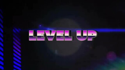 Poster - Purple flare pulsing and blue beam rising initiating neon stripes glitching revealing LEVEL UP