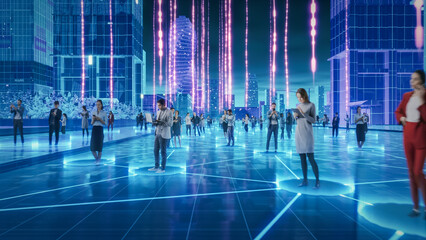 Happy People using Smartphone Devices in World Wide Connected Social Network. Diverse People do E-Business, Communicate, Send Messages. Visualization of Internet Virtual Reality Interconnected Persons