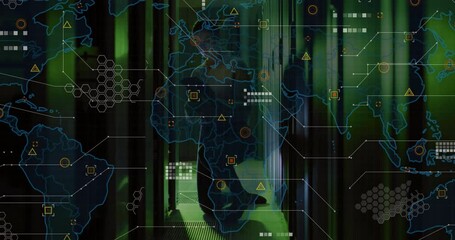 Poster - Technician kneeling in server aisle holding tablet activating map overlay for network monitoring