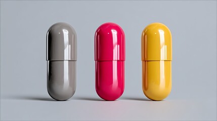 Poster - Three pills of different colors are shown in a row. The pills are pink, yellow, and gray