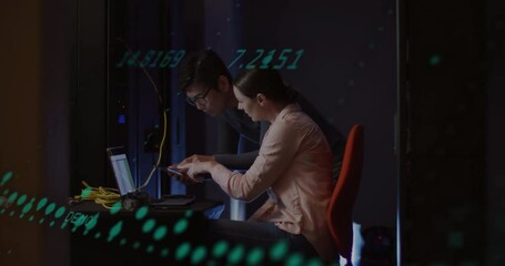 Poster - Woman plugging LAN cable into laptop, coding with man observing, projecting waveforms for tech demo