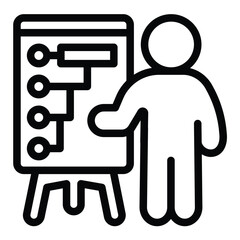 Poster - Man at whiteboard infographics line icon, design recruitment concept. Vector graphics. Human with presentation stand sign on white background, style mobile or design.