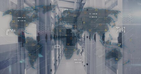 Poster - Camera panning initiating world map fading over racks, nodes pulsing visualizing global data flow