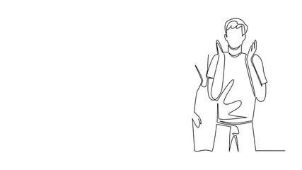 Poster - Single continuous line drawing a woman whispers to a man who raises both his hands. A couple of lovers gossiping. Unique communication to get closer. Surprise. Full length single line animation