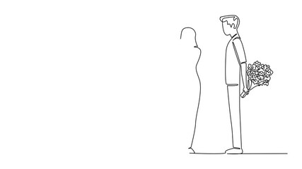 Poster - Animation of continuous one line drawing a man standing carrying a bouquet of flowers behind his body. Romance. Giving an impressive surprise. Single line self drawing animated. Full length motion
