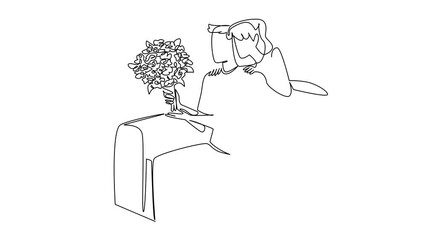 Poster - animation of continuous one line drawing a man sitting on a sofa holding bouquet of flowers. flirtat