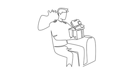 Poster - Self drawing animation of single line drawing a man sitting on the sofa while opening gift box. The highly coveted raft robot prize. Giving attention and love. Couple. Surprise. Full length animated