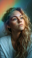Poster - A woman with curly blonde hair gazes thoughtfully, her soft features highlighted by the warm glow of a rainbow behind her, creating a serene and dreamy atmosphere