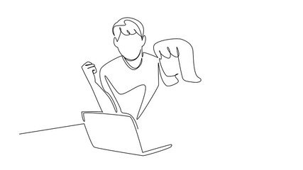 Poster - Animation of one line drawing a young couple expressing themselves in front of a laptop. Targeting items in cyberspace. Shopping. Surprise. Continuous line self drawing animated. Full length motion