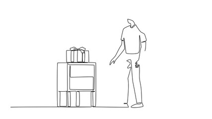Poster - Animation of single continuous line drawing woman stands behind man covering the eyes of a man with both of hands. Glad. With the beloved. Surprise. One line self drawing animated. Full length motion