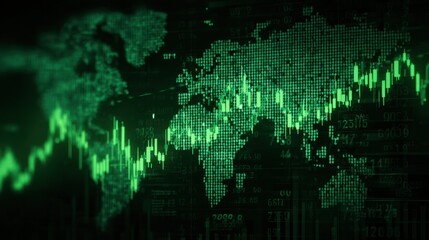 Poster - A digital map of the world with green stock market trends illustrating global economic growth.
