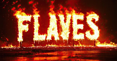 Aufkleber - Fiery text spells FLAVES. Intense flames consume lettering, reflecting upon dark surface below. Dramatic, vivid imagery.