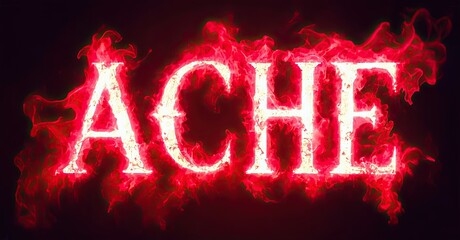 Aufkleber - Fiery text spells ACHE. Red flames surround letters, creating dramatic visual effect. Dark background emphasizes glowing word.