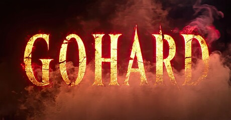 Aufkleber - Fiery text spells GOHARD amid smoke. Dramatic lighting creates intense, bold visual impact. Red hues dominate composition.