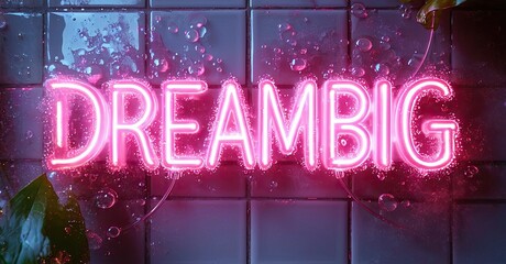 Poster - Bright pink neon sign spells DREAMBIG against tiled wall. Bubbles surround glowing letters, creating vibrant, modern aesthetic.