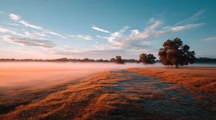Poster - A serene farm field enveloped in a soft morning fog, bathed in warm sunlight. A winding path and trees punctuate the peaceful view, creating a tranquil rural atmosphere