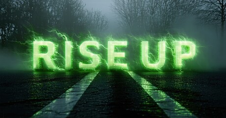 Aufkleber - Glowing text reads RISE UP over wet asphalt. Background shows foggy trees, dark atmosphere. Dramatic lighting emphasizes message.