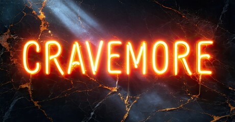 Aufkleber - Bright neon sign spells Cravemore against dark cracked stone background. Dramatic lighting creates intense visual impact.