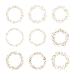 Wall Mural - set of 9 decorative botanical wreaths with leaves and swirls in elegant hand-drawn style. vector rou