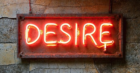 Poster - Rusty metal frame holds glowing neon sign spelling DESIRE. Dark background emphasizes bright illumination, creating dramatic effect.