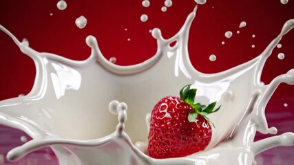 Aufkleber - Strawberry milk splash red fresh liquid closeup dynamic vibrant juicy motion white background dairy fruit healthy delicious