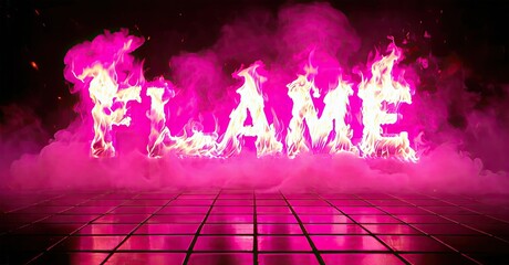 Fototapete - Bright pink word FLAME rendered in fire. Smoke surrounds text above reflective grid floor. Dramatic lighting creates intense visual impact.