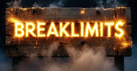 Poster - Wooden sign displays BREAKLIMITS text. Sparks fly, smoke rises. Dramatic lighting creates intense visual impact. Dark background emphasizes glowing letters.