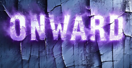 Aufkleber - Dramatic text ONWARD glows purple. Background features cracked stone texture, dark shades dominate composition. Intense visual impact.