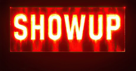 Poster - Bright neon sign displays SHOWUP text. Red background creates dramatic effect. Bold letters stand out against darkness. Simple design.